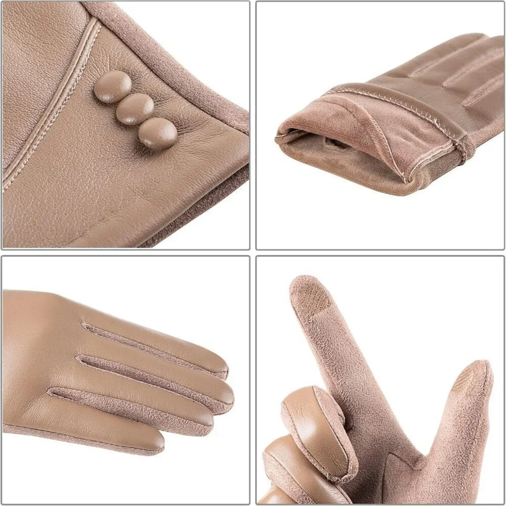 Women's Winter Leather Gloves Touch Screen Wool Lined Windproof Warm Suede Beige
